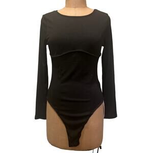 Solid Black Ribbed Contrast Long Sleeve Crewneck Bodysuit NWT Size L